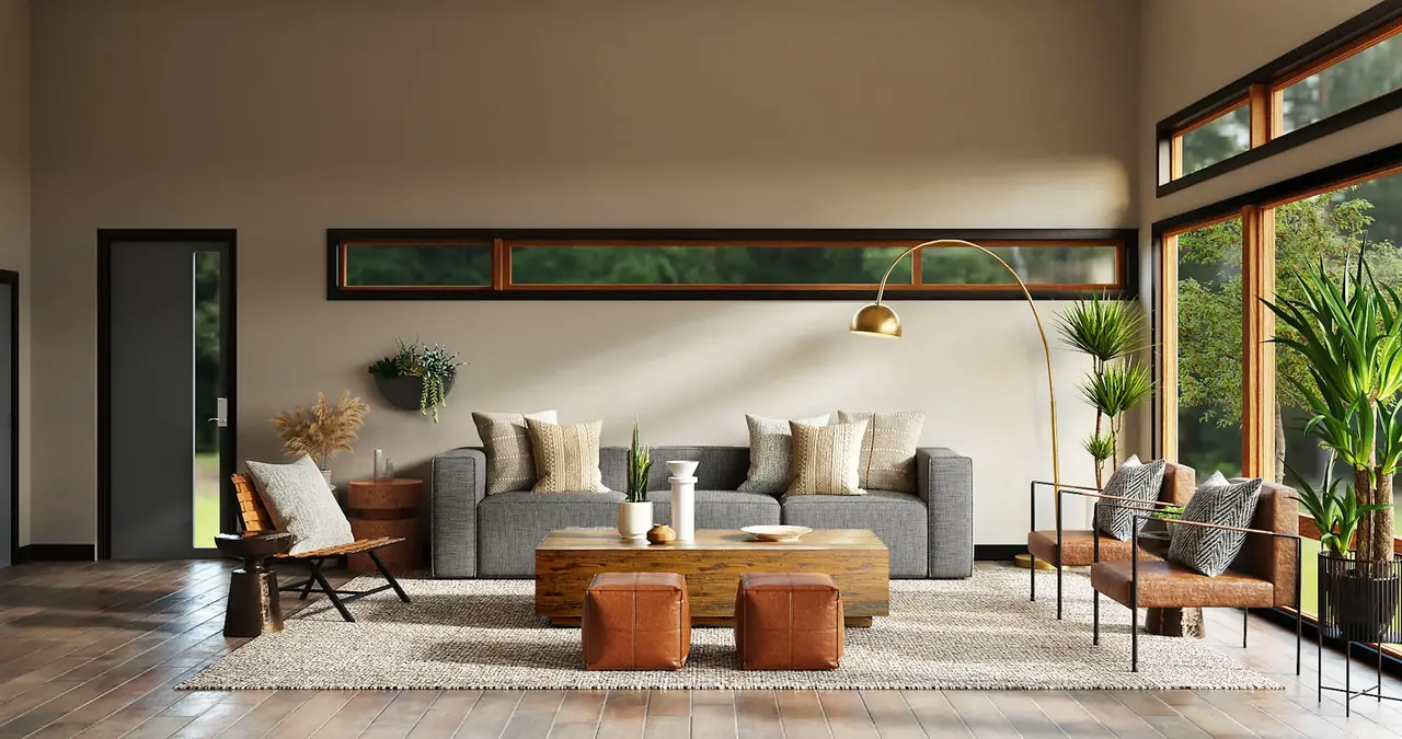 Premium walnut, brass, stone, leather and fabric materials for custom interiors.