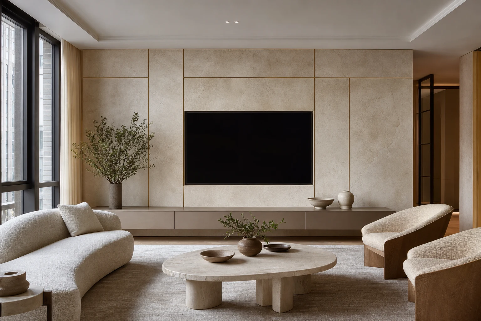 Luxury New York living room with limestone TV wall and champagne brass detailing.