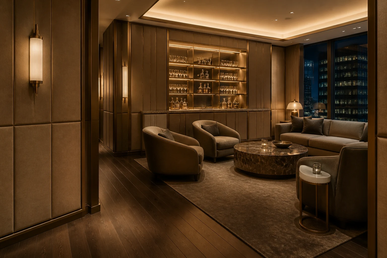 Private luxury lounge with taupe panels, champagne brass trims and custom bar cabinetry.