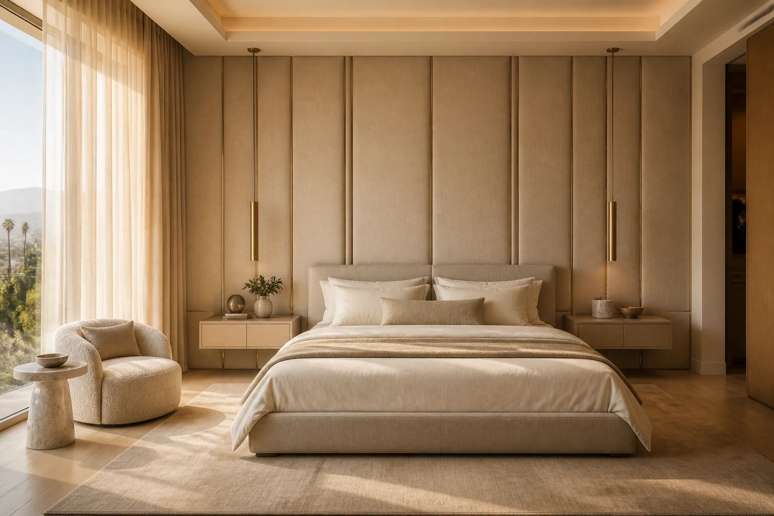 Los Angeles luxury bedroom with beige upholstered wall and champagne brass vertical details.
