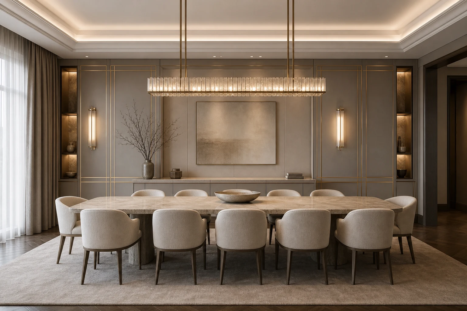 Chicago luxury dining room with greige panels and subtle champagne brass linework.
