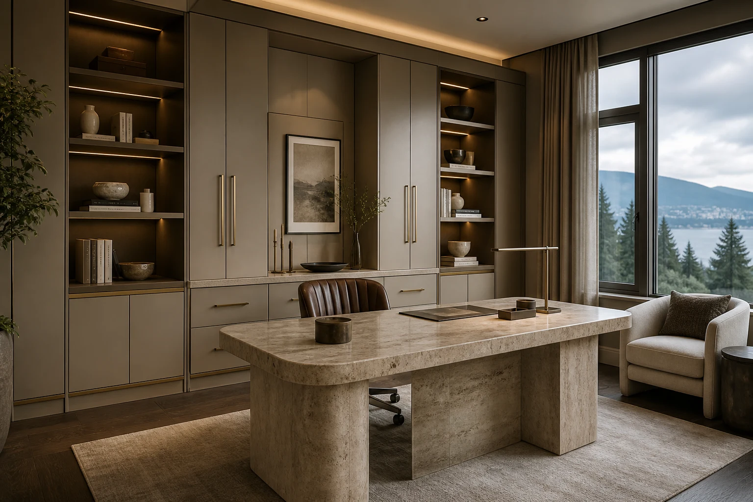 Vancouver luxury study with taupe cabinetry, stone desk and champagne brass hardware.