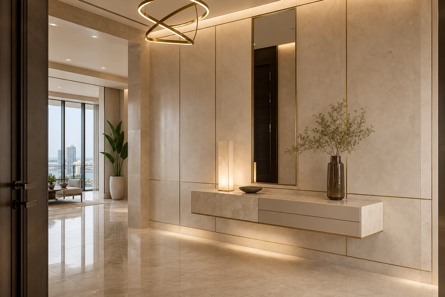 Miami penthouse entry with warm stone slabs and champagne brass trim.