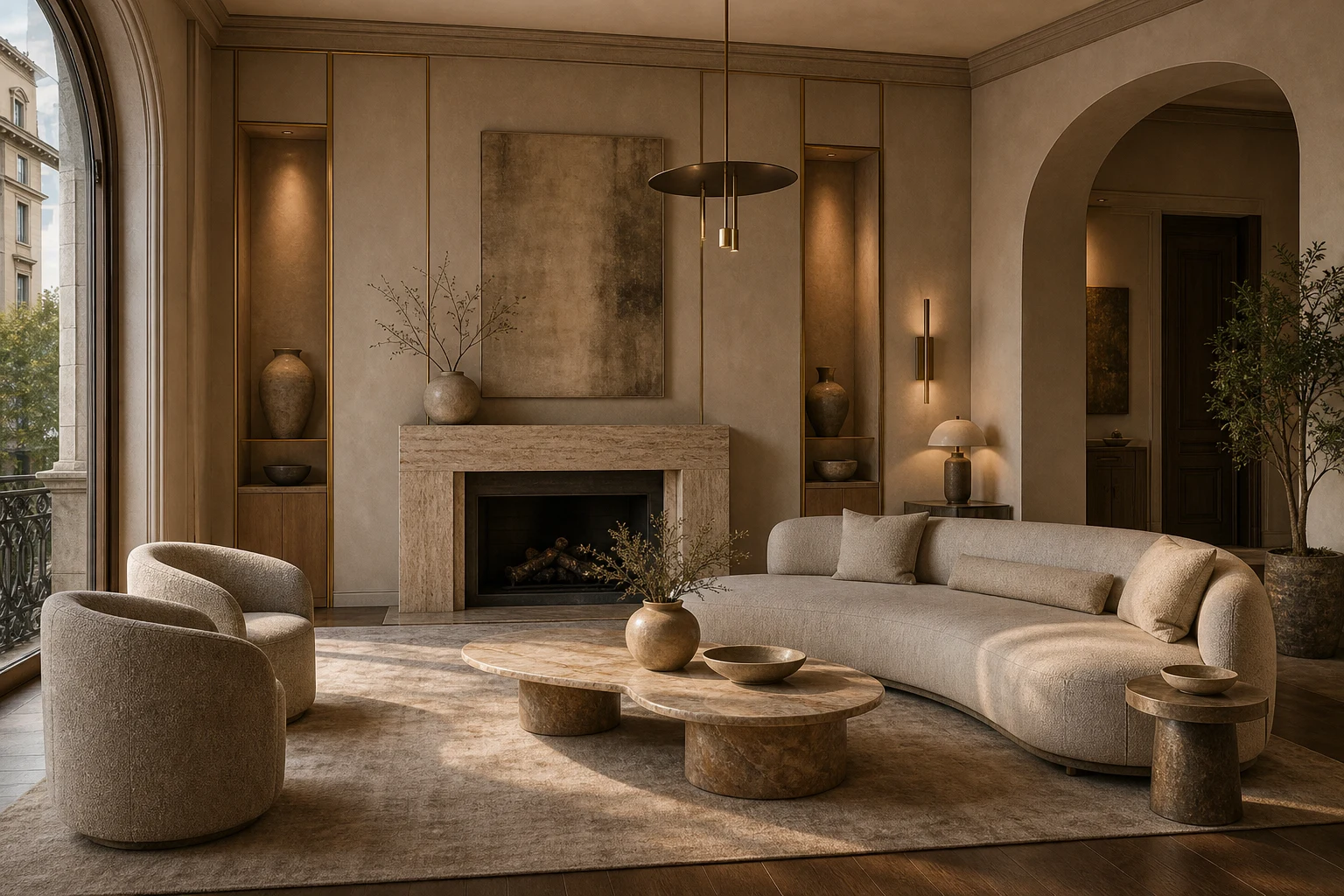 Mexico City salon living room with curved sofa, warm plaster and subtle champagne brass details.