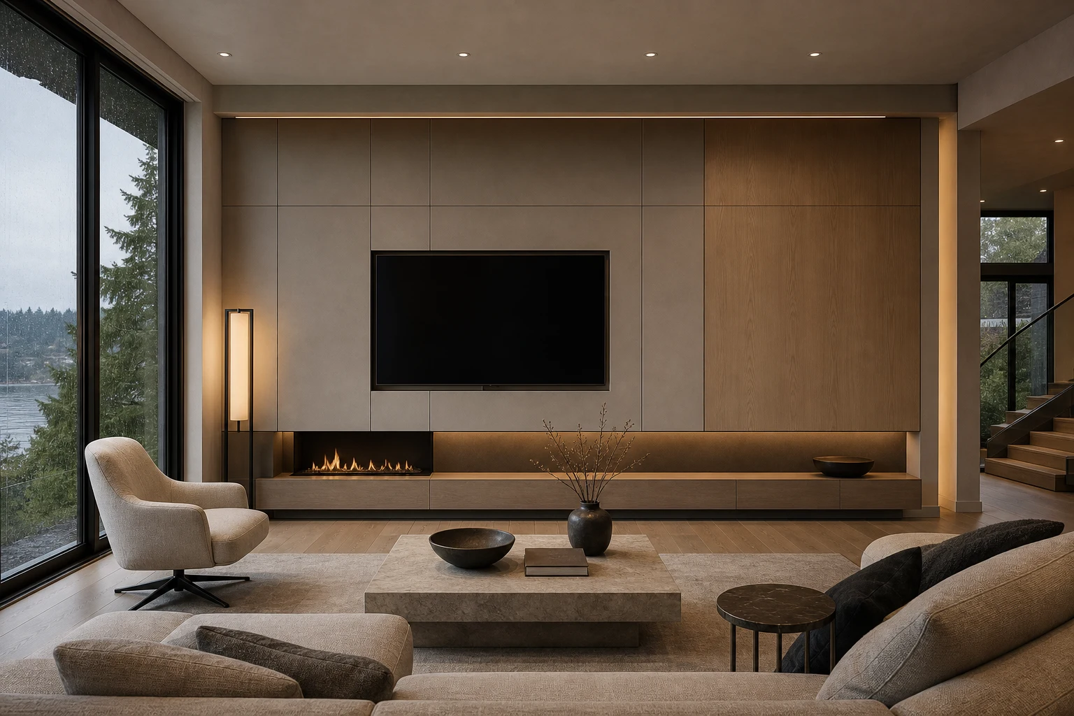 Seattle modern living room with horizontal modular TV wall and oak panels.