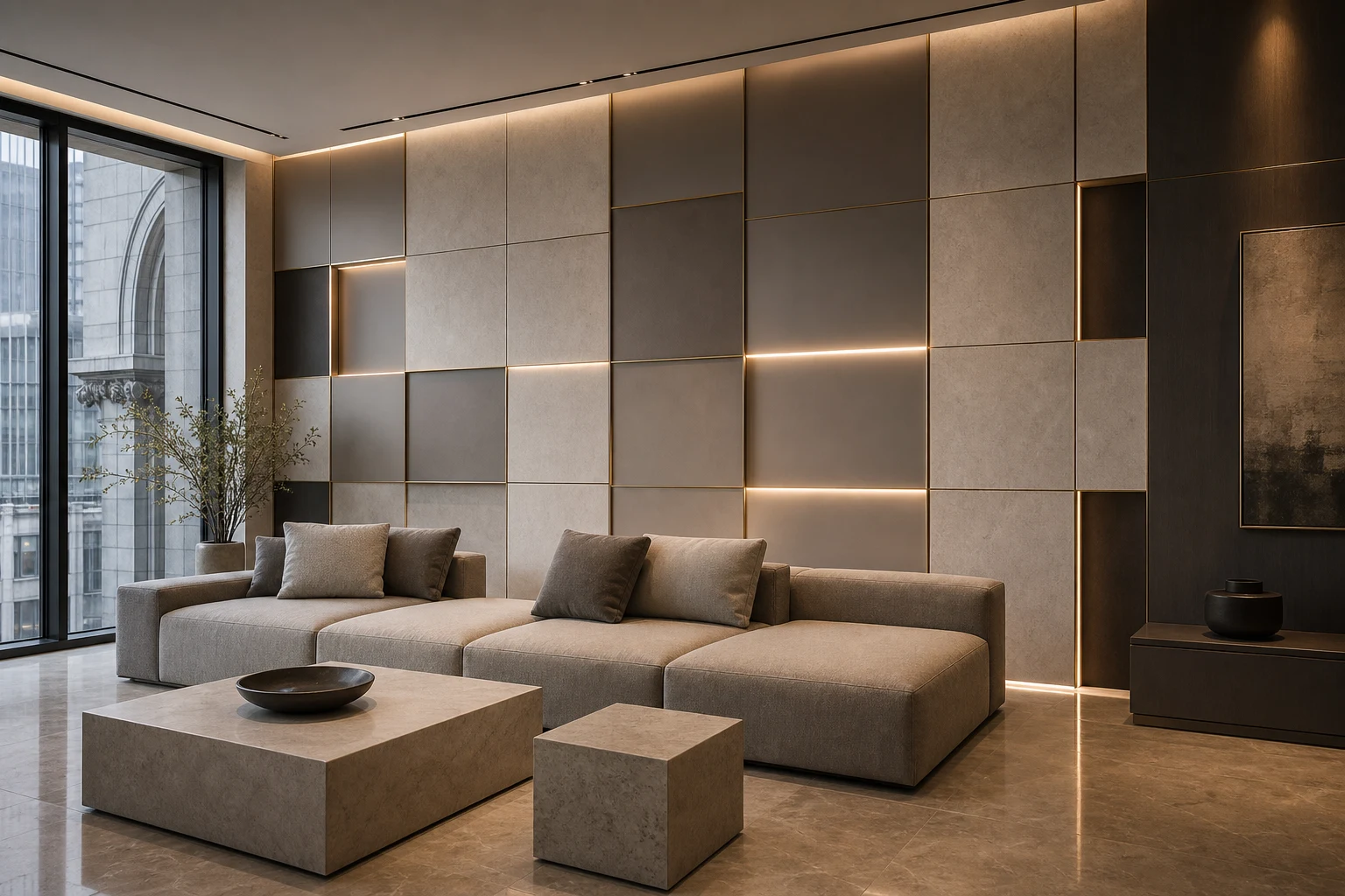 Montreal contemporary lounge with geometric grid wall panels and linear lighting.