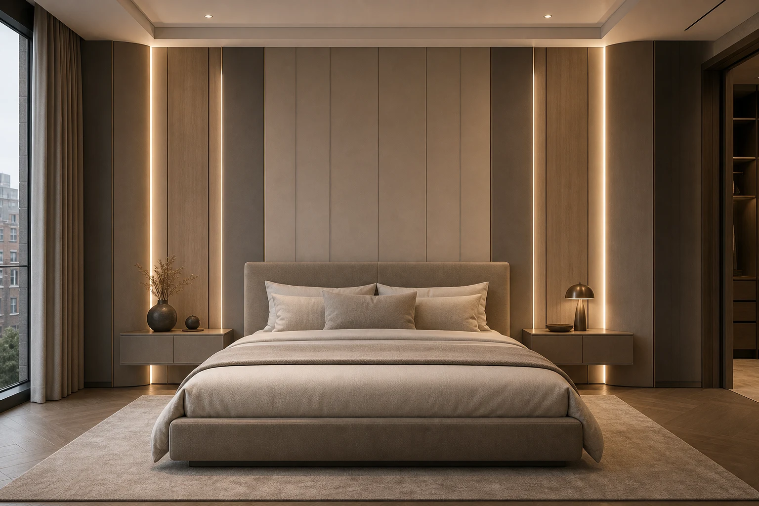 Boston modern bedroom with symmetrical vertical panel wall and integrated bedside modules.