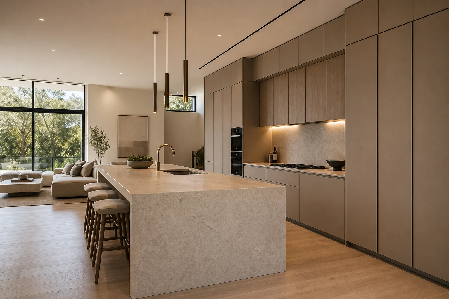 Austin kitchen with flat panel cabinetry, hidden appliances and a monolithic stone island.