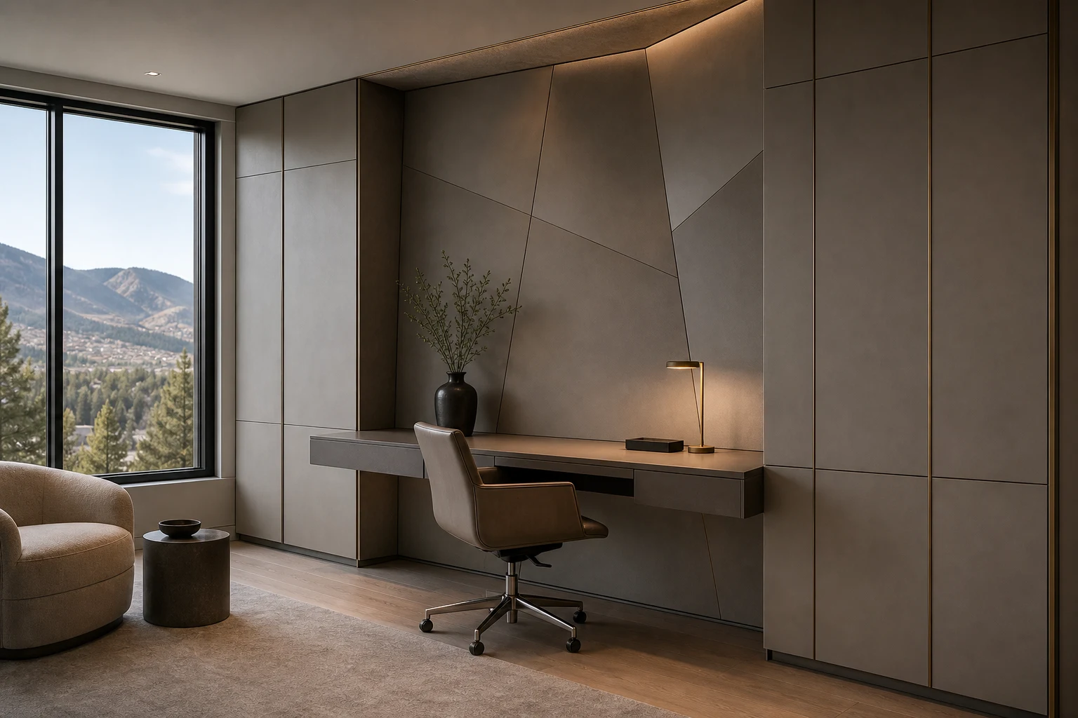 Denver home office with folded geometric wall panels and integrated desk.