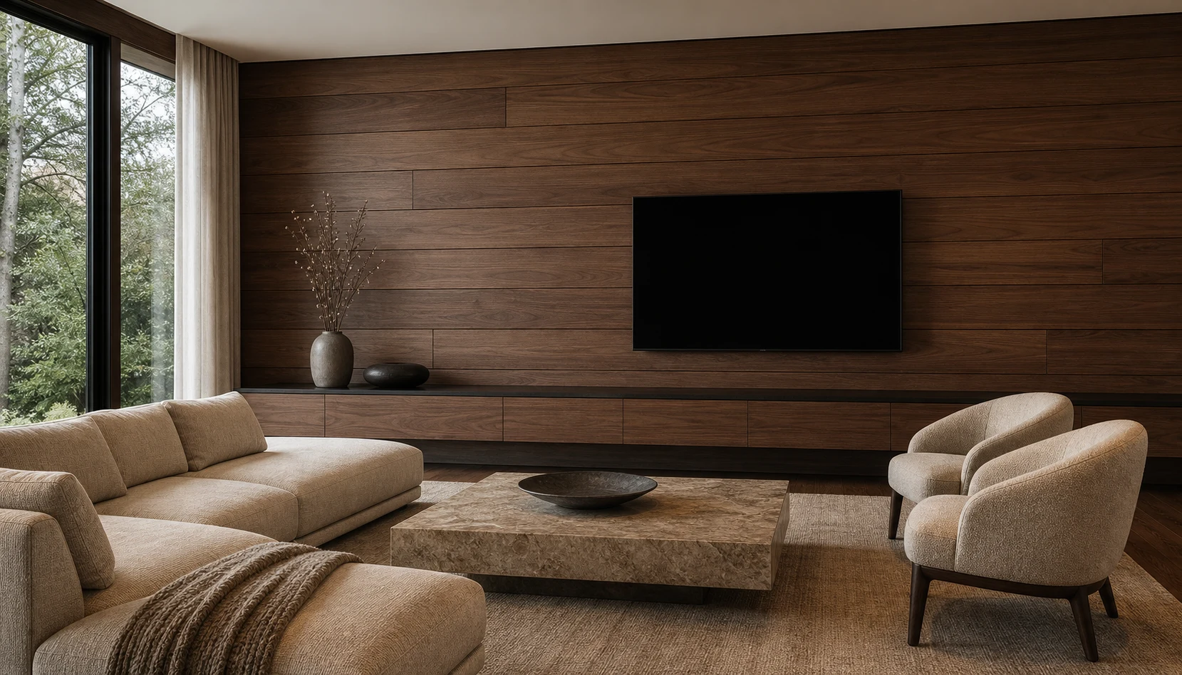 Portland refined living room with horizontal walnut panels and custom media cabinet.