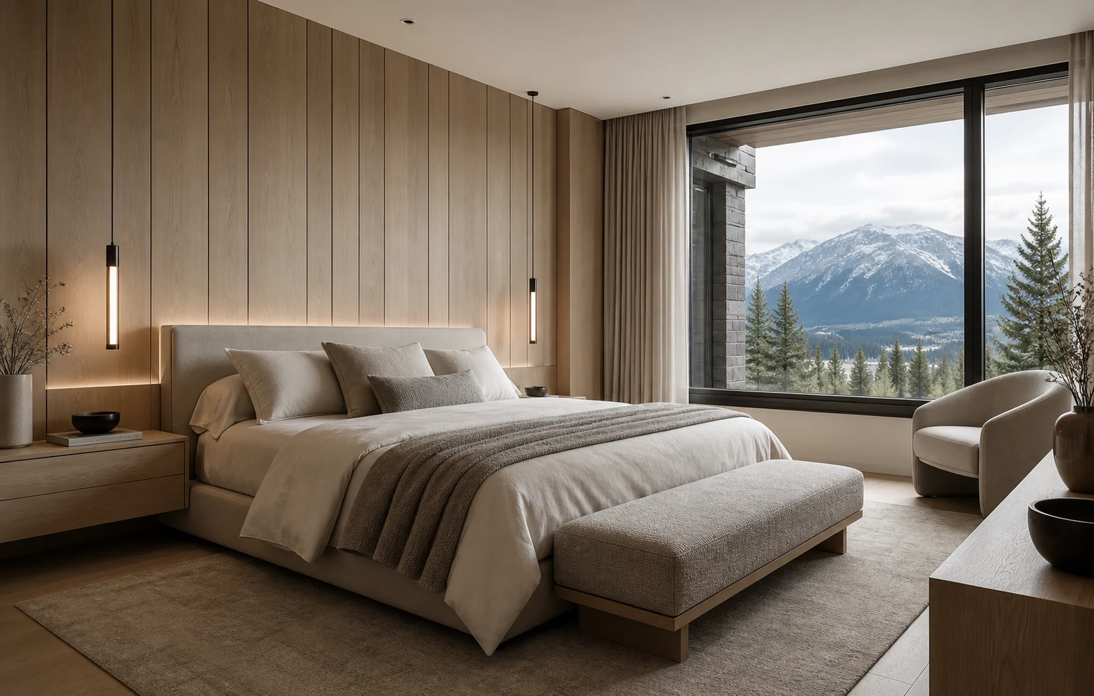 Calgary light oak bedroom with integrated nightstands and modern chalet atmosphere.