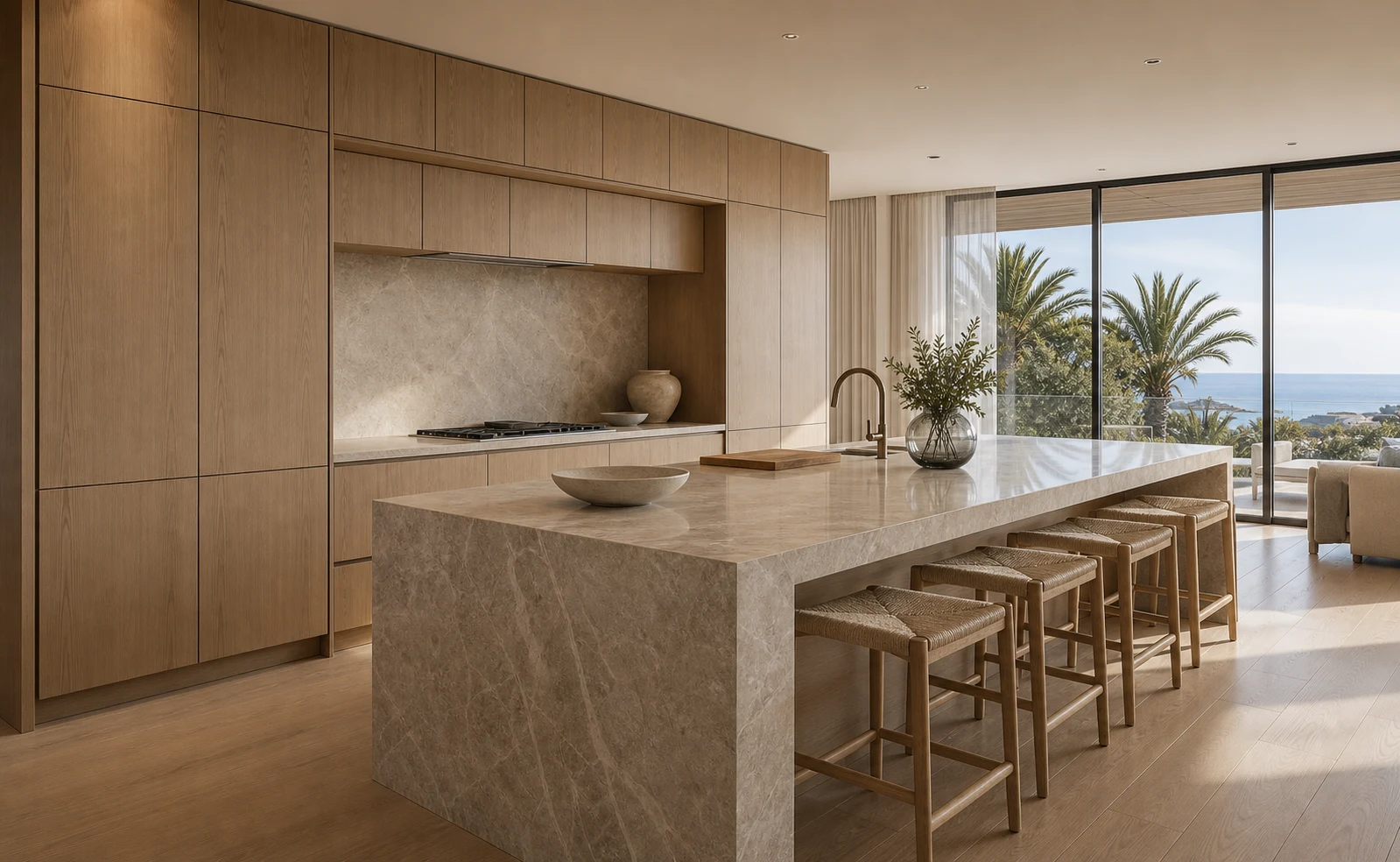 San Diego luxury kitchen with natural wood veneer cabinetry and stone waterfall island.