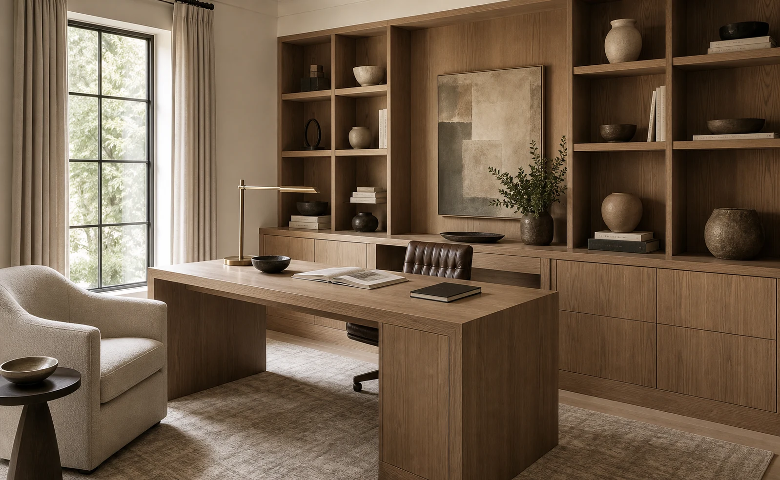 Charlotte refined oak study with built-in shelves, integrated desk and warm natural light.