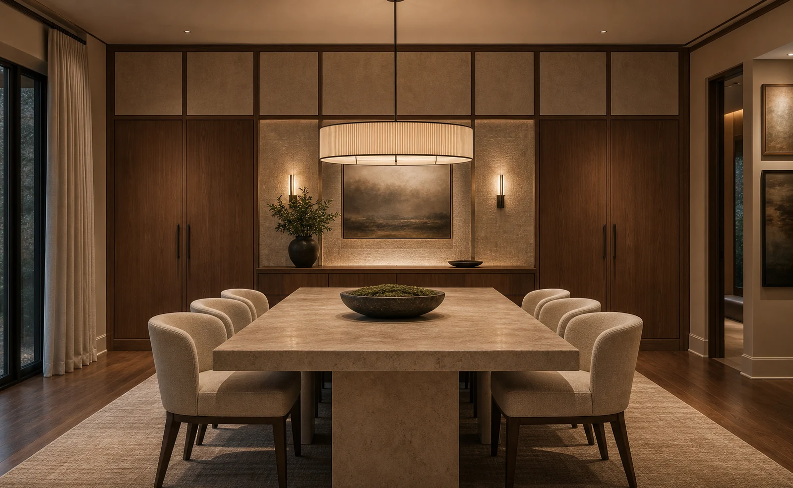 Nashville dining room with walnut frame panels, stone table and warm pendant lighting.