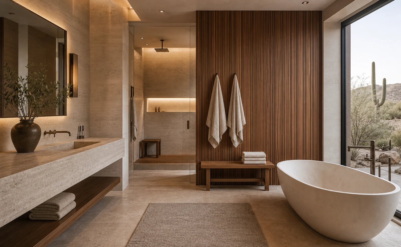 Scottsdale private spa suite with warm wood panels, stone vanity and freestanding bathtub.