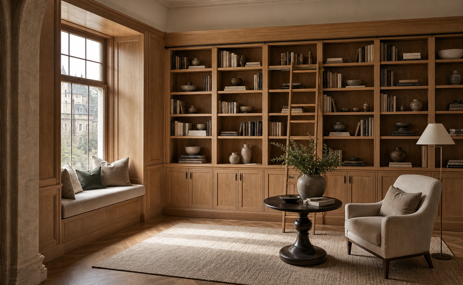 Quebec City refined home library with light oak bookshelves and built-in reading bench.