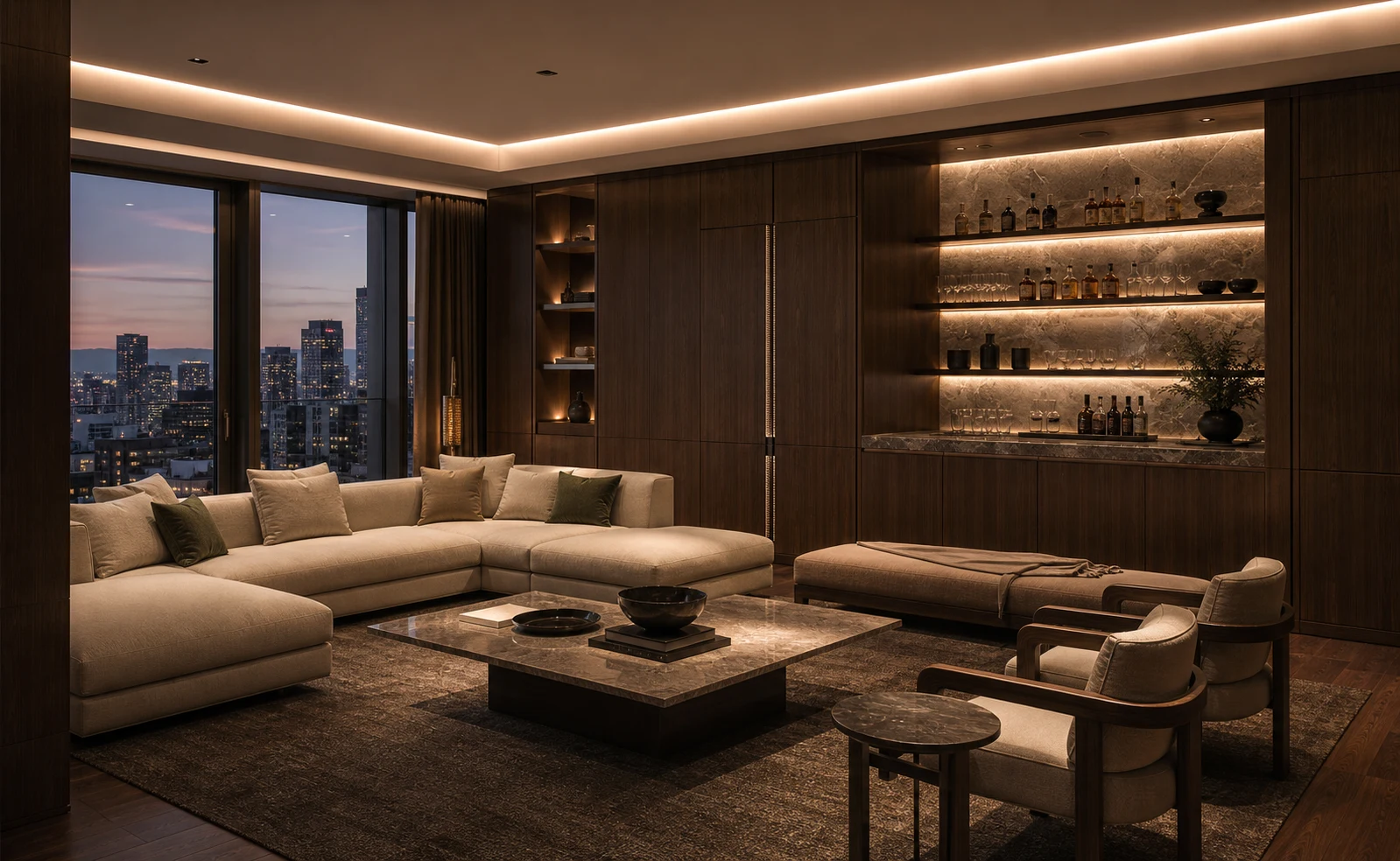 Mexico City penthouse lounge with dark walnut panels, integrated bar and cream sectional sofa.
