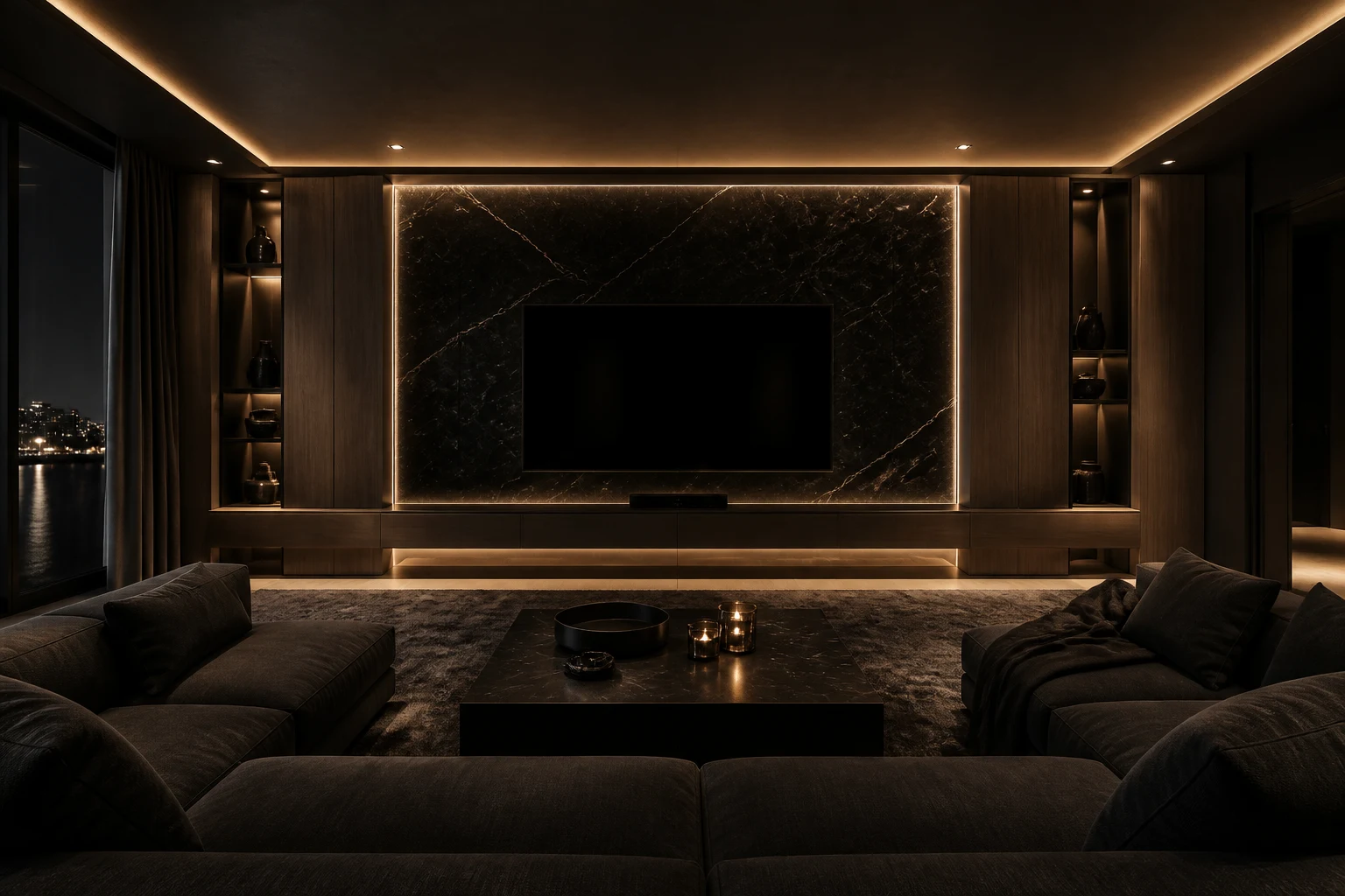 Miami dark luxury TV wall with black marble, dark wood panels and warm recessed lighting.