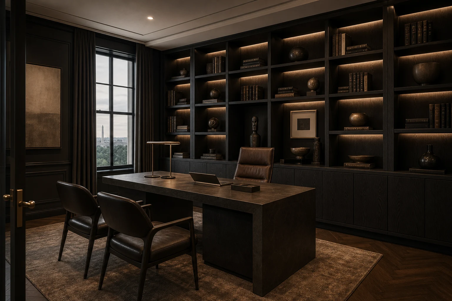 Washington D.C. dark executive study with black oak library wall and stone desk.