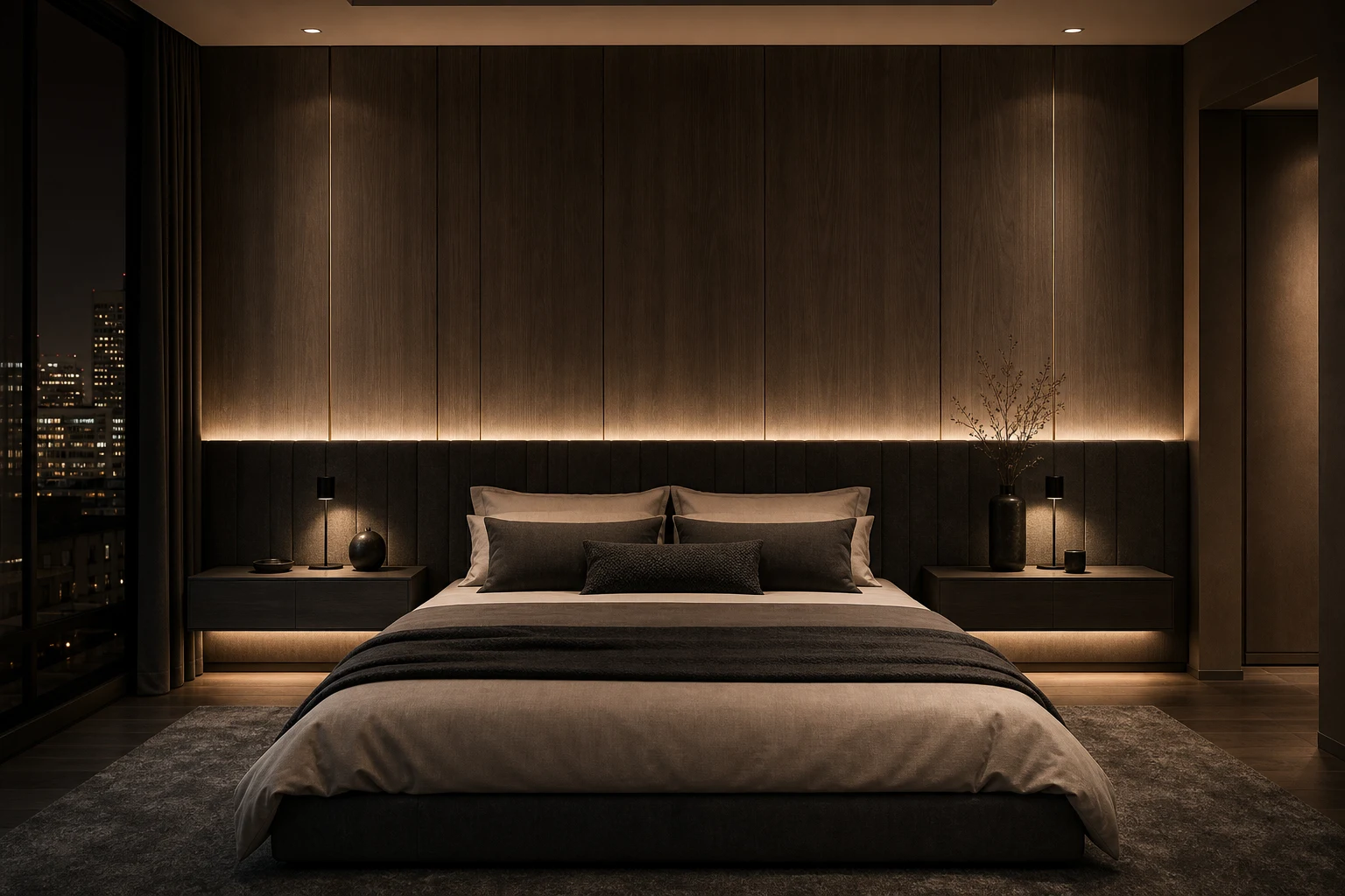 San Francisco dark luxury bedroom with charcoal headboard and smoked oak panels.