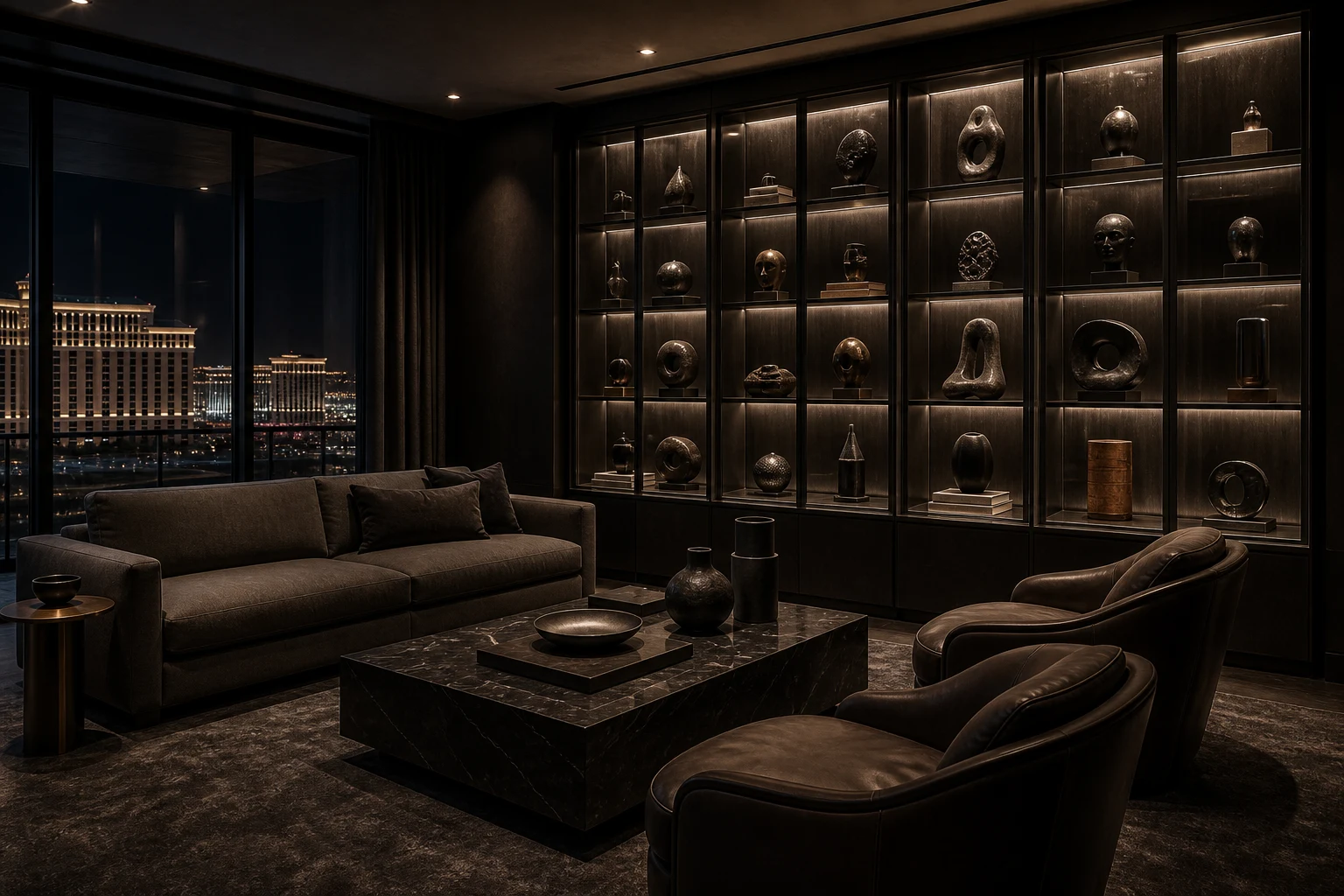 Las Vegas collector lounge with dark illuminated display cabinets and refined lounge seating.