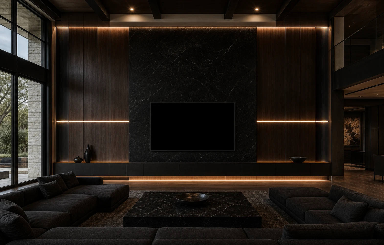 Dallas large-scale dark TV suite with obsidian stone panel and walnut storage wall.