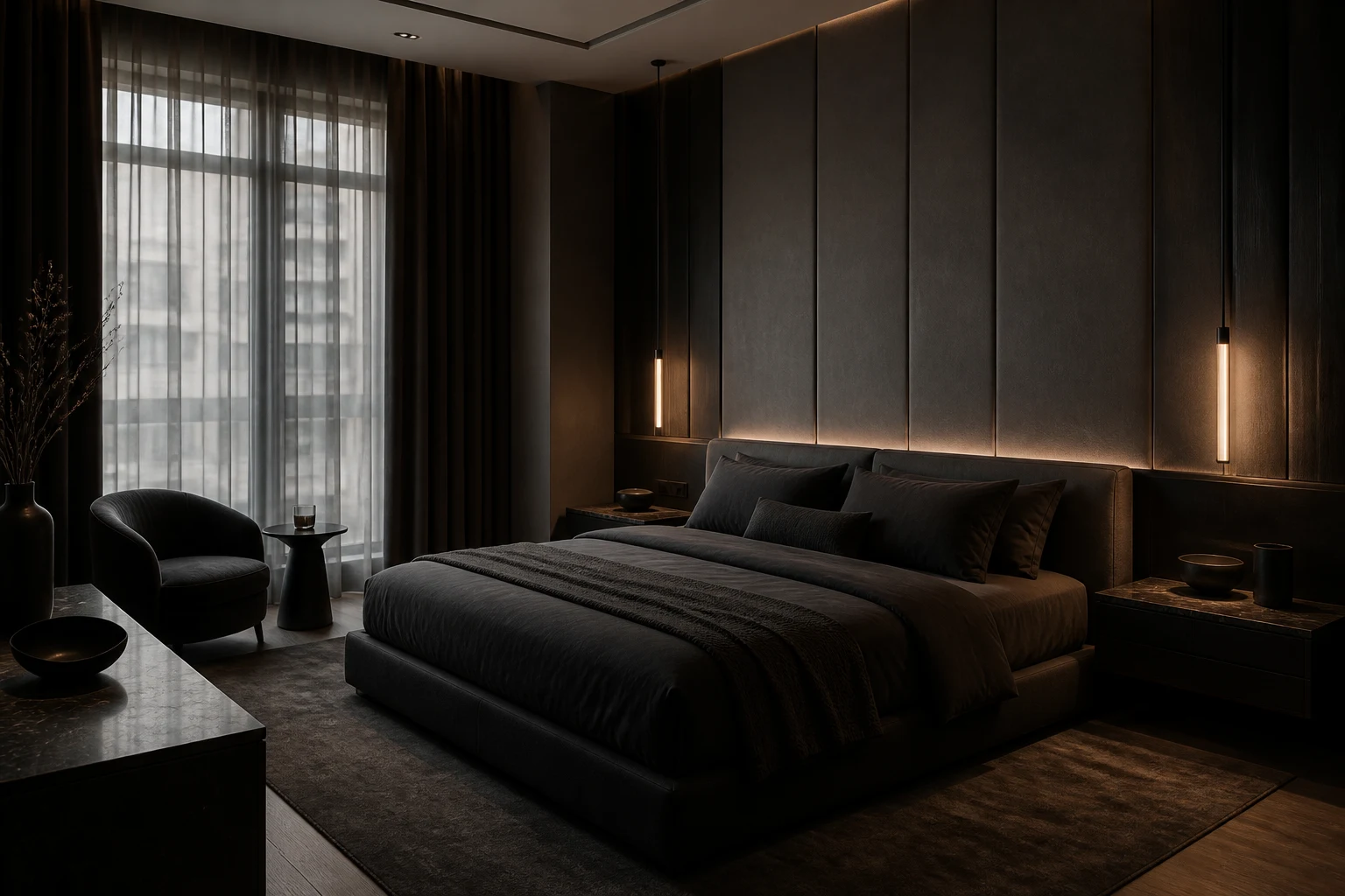 Montreal dark boutique hotel bedroom with charcoal padded panels and warm pendant lighting.