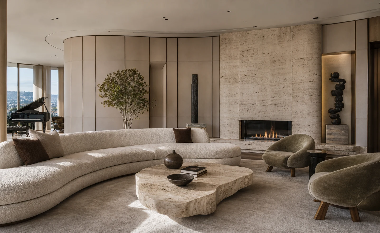 Los Angeles bespoke penthouse salon with curved sofa, sculptural panels and art niche.