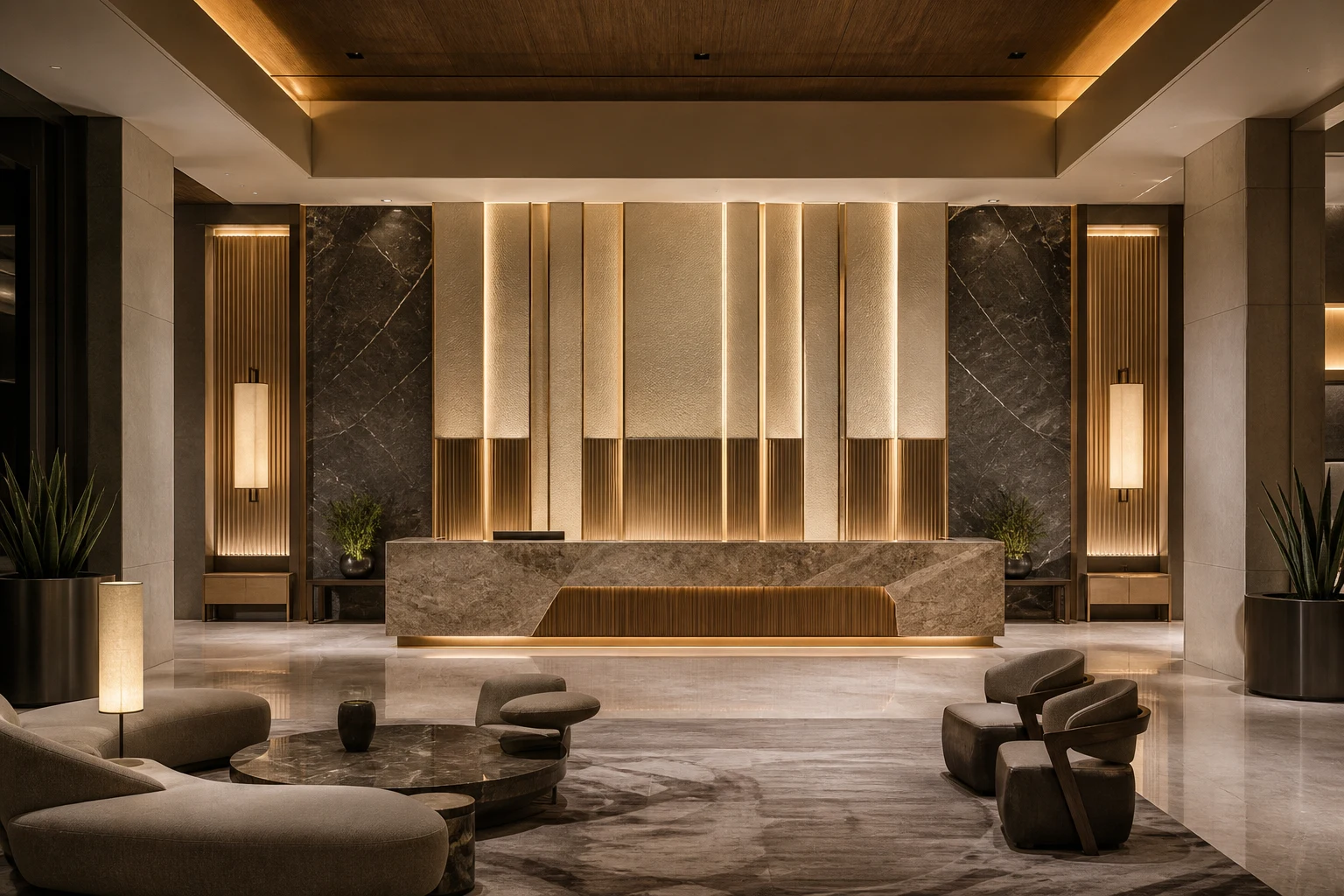 Architectural millwork with custom wood wall panels, refined reception detailing and warm lighting.