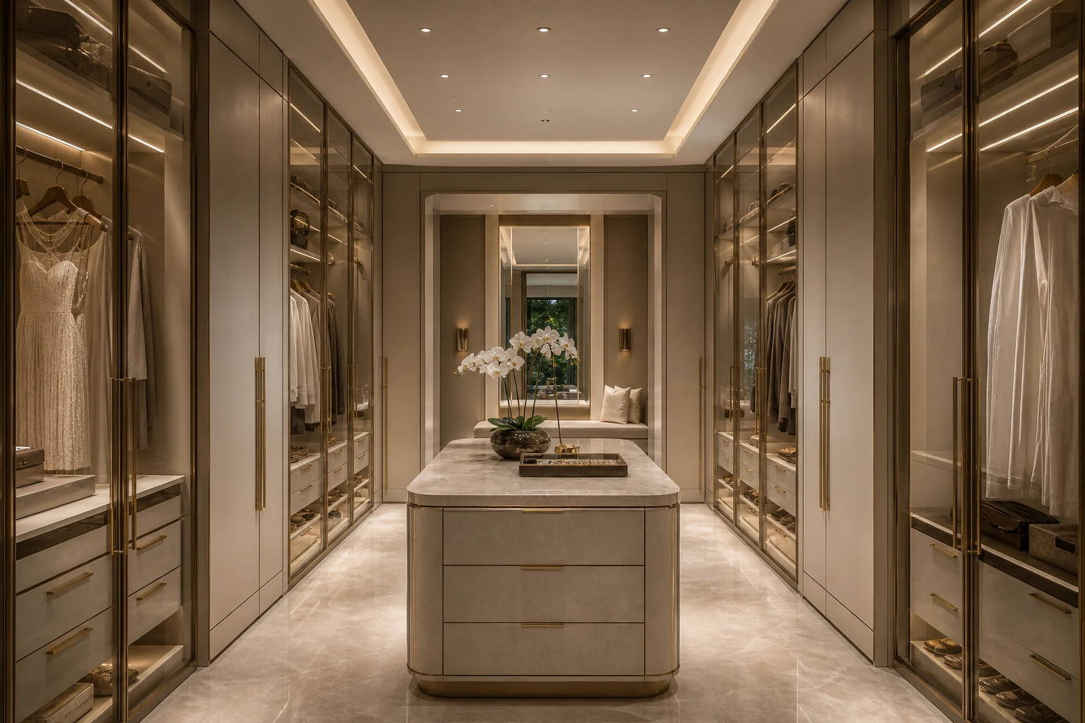 Miami private dressing gallery with illuminated wardrobes, accessory island and champagne metal details.