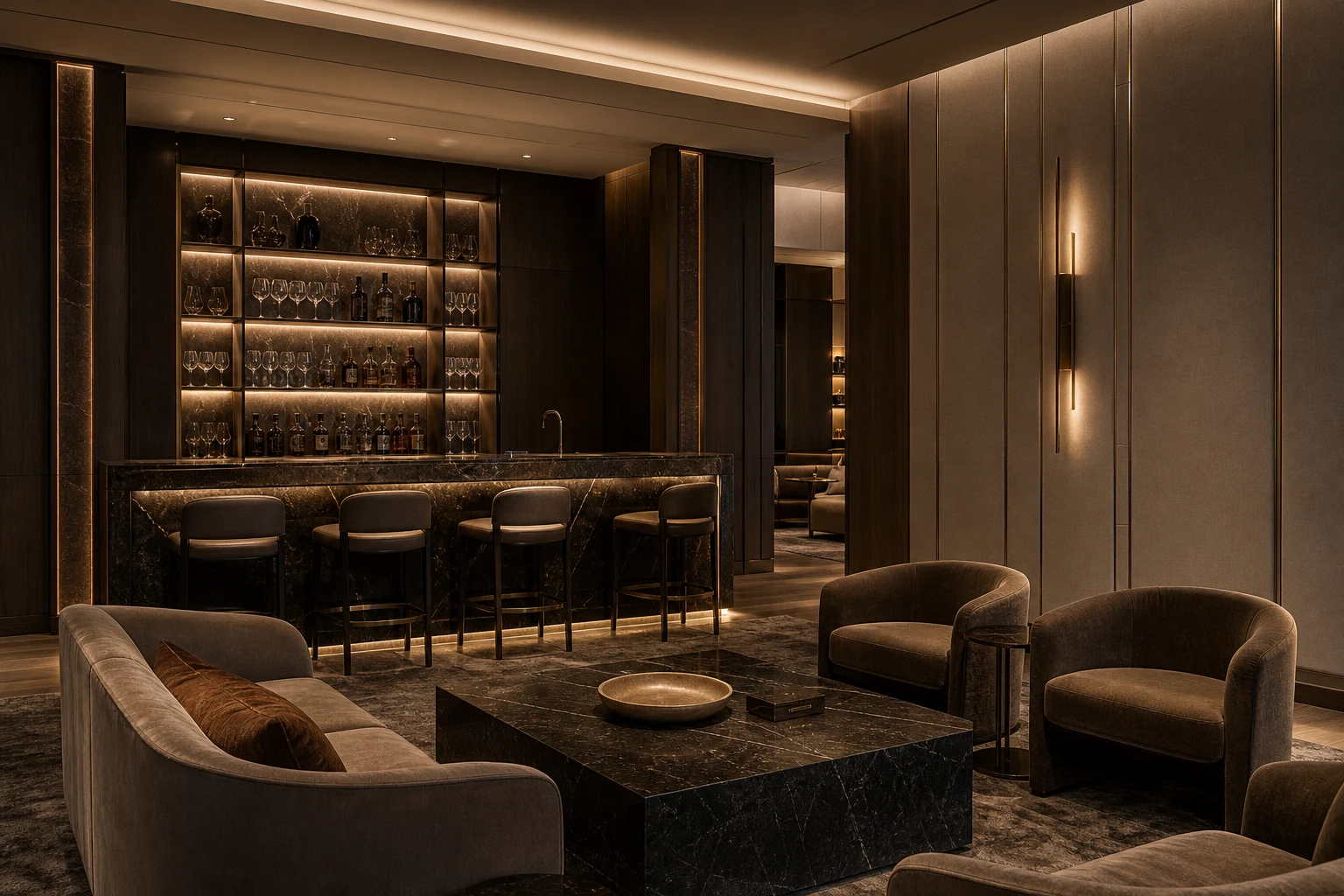 Toronto executive club lounge with custom bar wall, upholstered panels and premium seating.