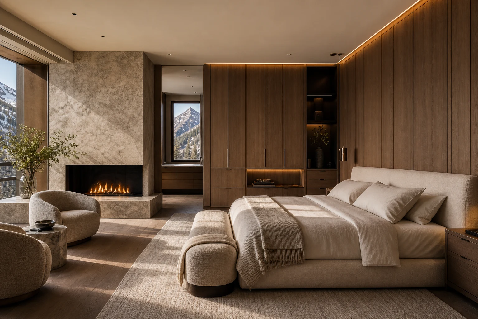 Aspen bespoke master suite with wood panels, stone fireplace and refined alpine luxury atmosphere.