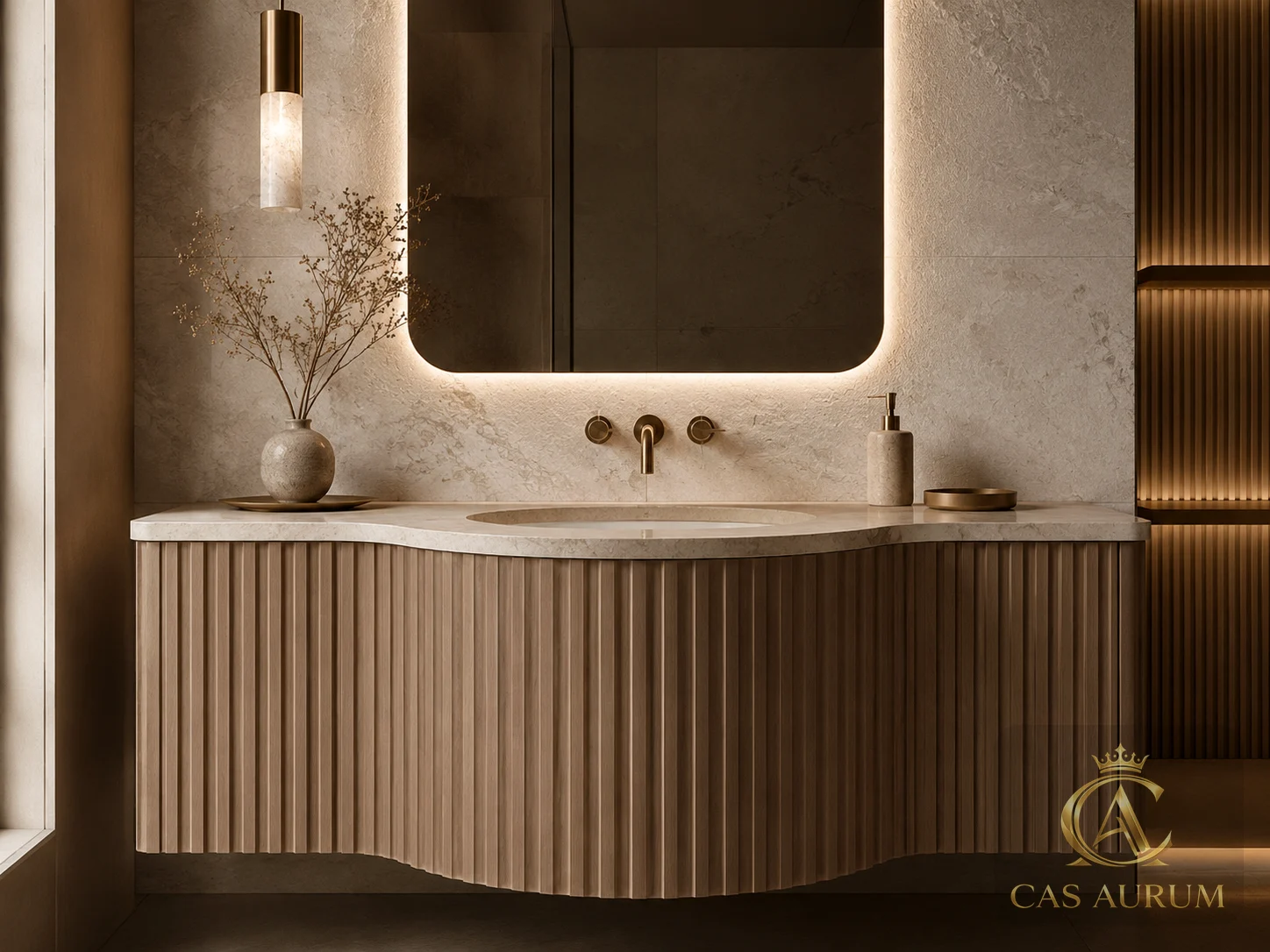 Fluted bathroom vanity with stone countertop, rounded backlit mirror and brass fixtures by CAS AURUM.