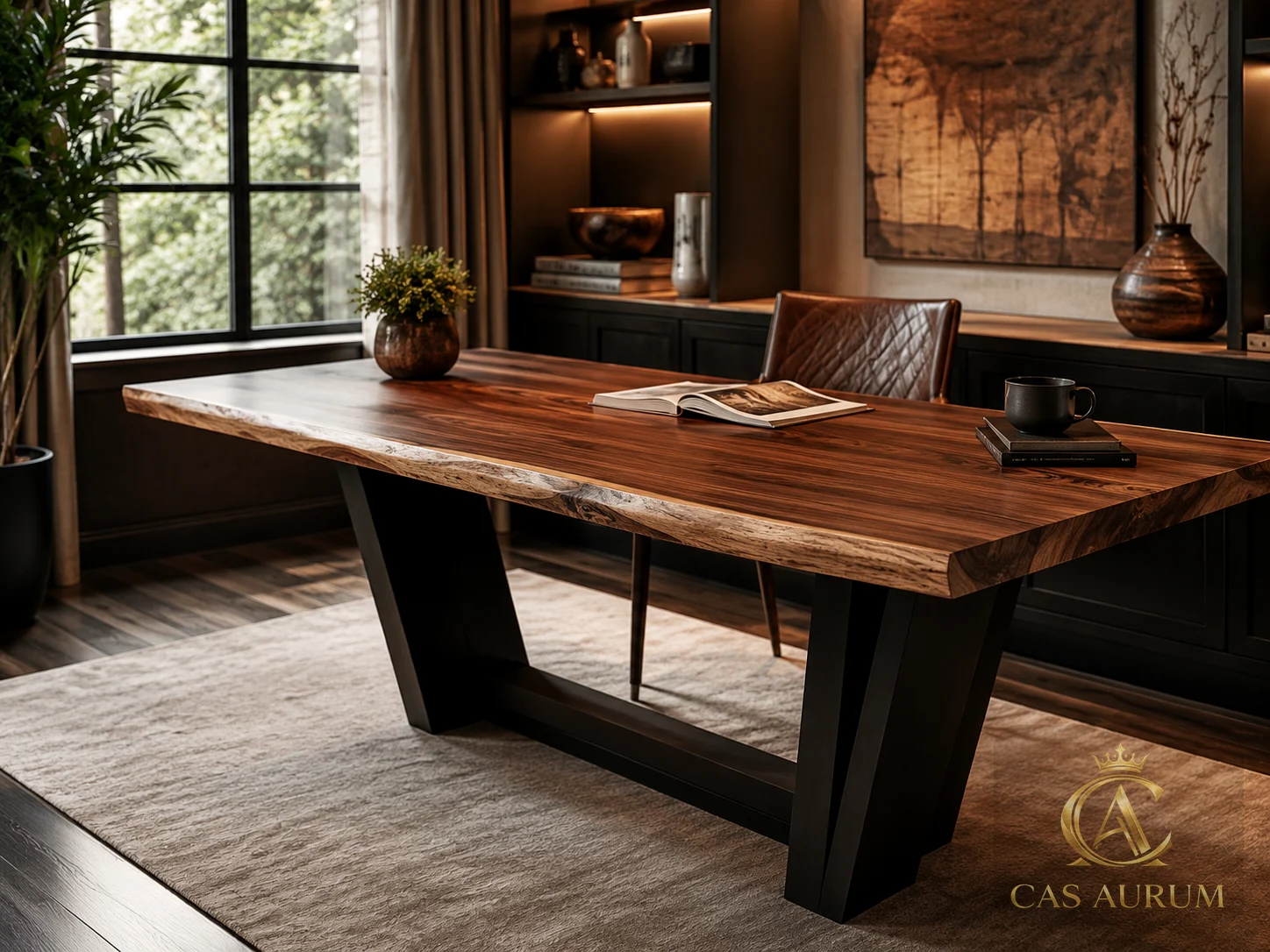 Live-edge walnut designer table with sculptural dark base in an office interior by CAS AURUM.