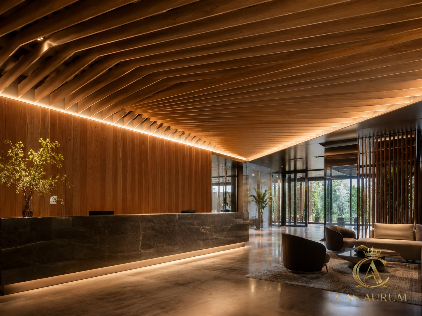 Wood slat ceiling with integrated warm lighting, stone reception counter and lobby millwork by CAS AURUM.